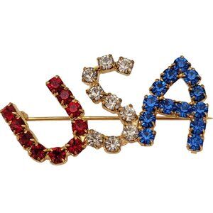 Red Clear Prong Set Rhinestone Patriotic USA Brooch Pin E779